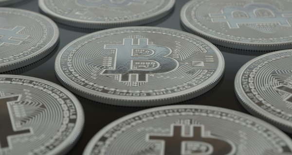 Close-up of silver Bitcoin cryptocurrency coins